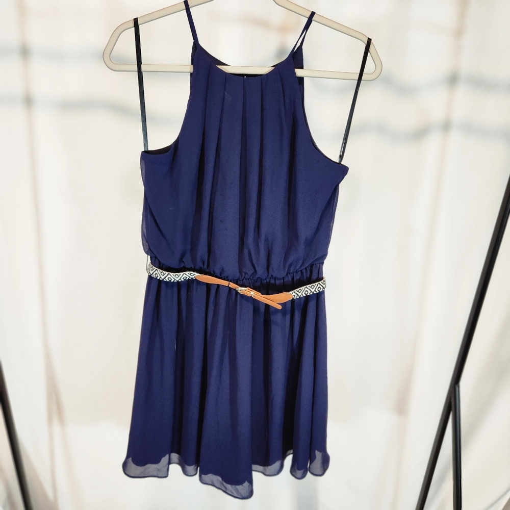 IZ Byer navy chiffon halter fully lined keyhole back closure a-line Juniors larg